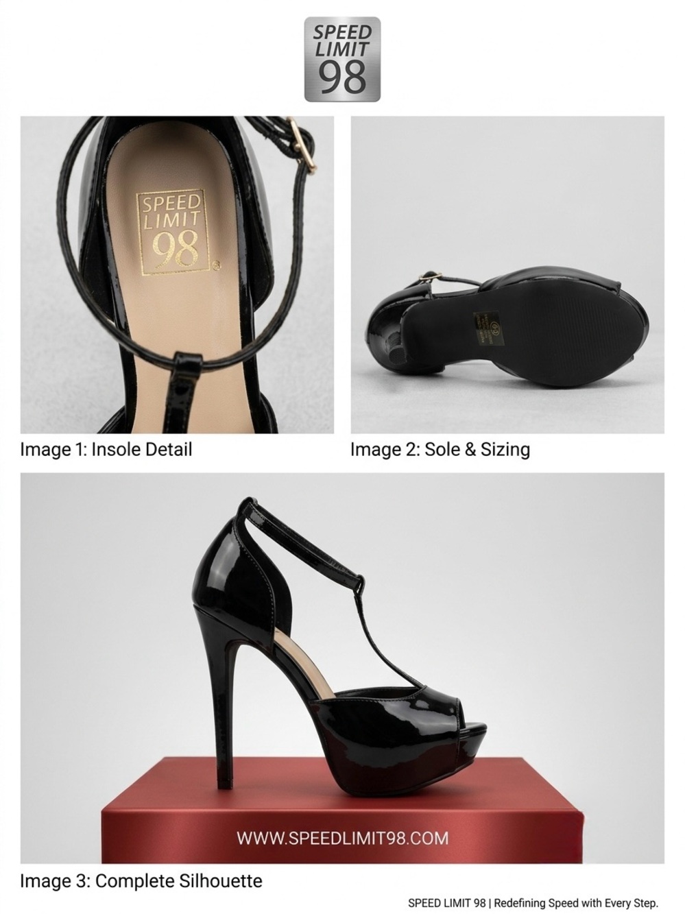 Speed Limit 98 Black Patent T-Strap Platform Stiletto Heels